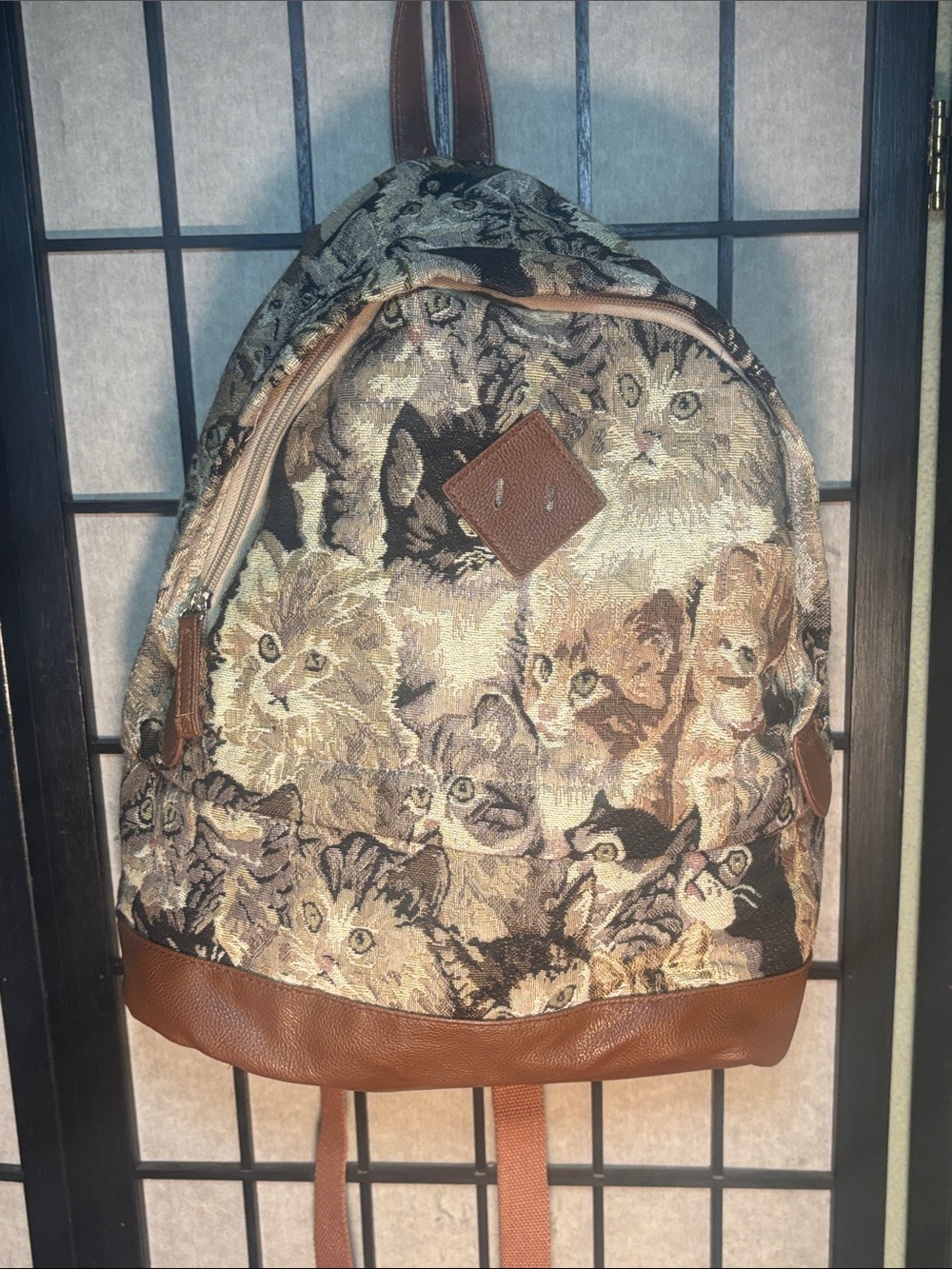 Brown & Multicolor Cat Print Tapestry Backpack